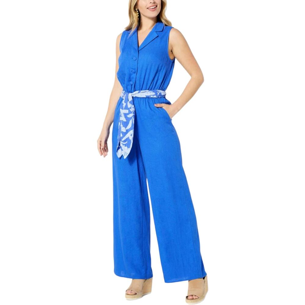 G by Giuliana Jumpsuit Sz‎ Small Sugar-Washed Linen-Blend Wide Leg Dazzling Blue